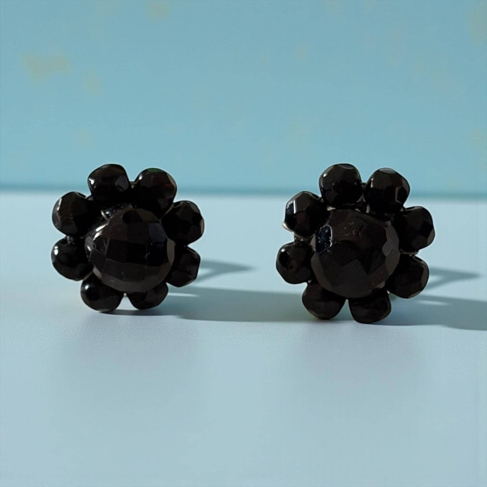 Vintage Black Faceted Cluster Screw Back Earrings Mid Century Glass Floral